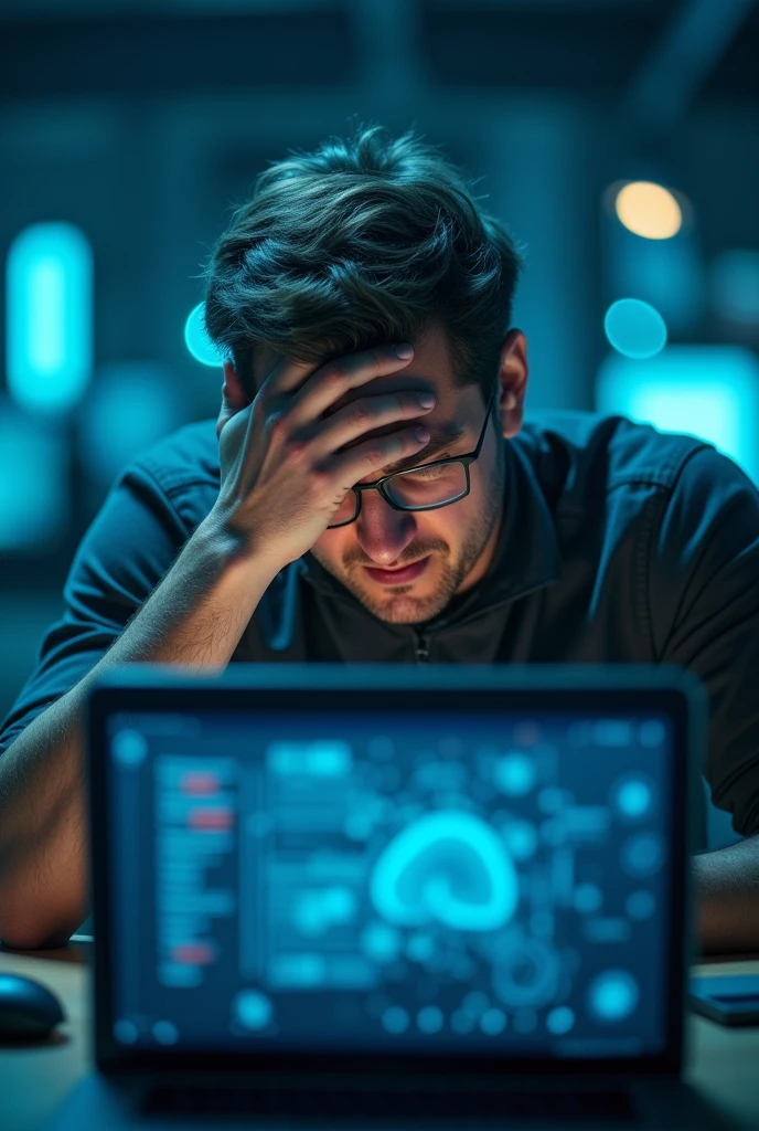 man, frustrated face, desperate look, a hand on his head, using a laptop, interacting with artificial intelligence, cyberpunk, indirect blue light, realistic style, best quality