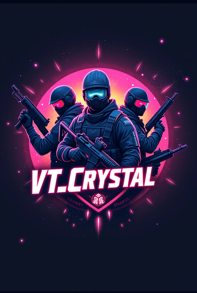 Create a free fire game logo with the name VT_Crystal and characters and game theme and a squad