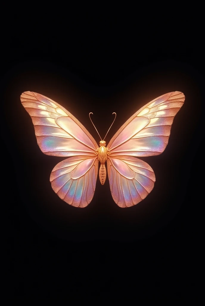 Completely black background with a butterfly in the middle of the screen, with colors in combination with pale pink and gold, iridescent and mythical art style
