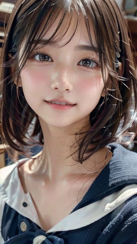 (((masterpiece))), (((Full body photo，Are standing)))， (Beautiful girl, Innocence，cute) ，Ultra-high resolution, reality, Very detailedな, 8k,Highest quality, Very detailed, Very beautiful Japan, Detailed face:1.3), (Short black hair :1.4), (cute系,adorable beautiful), (Skinny body,Thin legs),((Sailor suit)),Thin eyebrows，Forgotten nose,A look of relief，Very detailedなな顔、Detailed lips,Beautiful Eyes,Clear Skin、Photorealistic:1.37、Bright sunny day、classroom，Dazzling lighting，Relaxed atmosphere