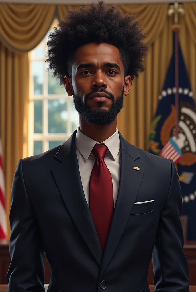 Afro male as us president with the word Chairman written on the background