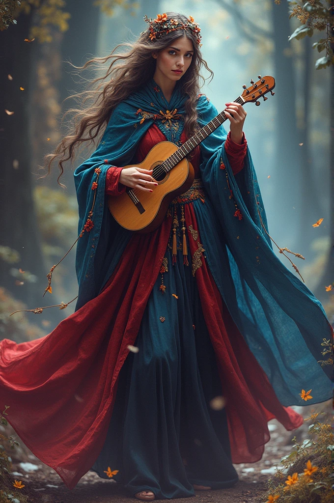 The Minstrels of Orpheus have a mysterious and charming appearance. Their clothes are usually colorful and adorned with intricate details., reflecting the artistic nature of their craft. They wear flowing capes and cloaks, that appear to dance as they move, and their costumes are decorated with musical patterns and music-related symbols. Their hair is long and sometimes adorned with colorful ribbons., and his eyes shine with an inspiring glow. Furthermore, many of them have special musical instruments, made with magical or enchanted materials, that emit captivating and melodious sounds.