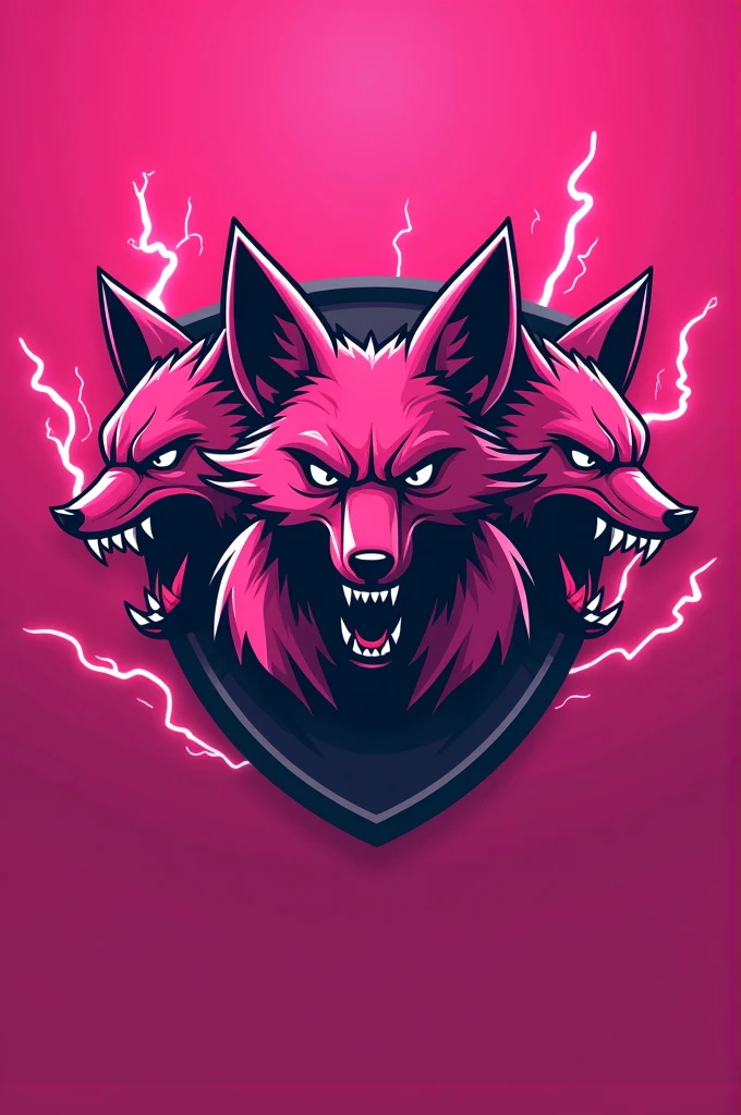 Sports logo of a room in competitive games, the color of the room is pink, and must show the mascot which are three pink foxes, a little aggressive, showing the competitiveness and determination of sports games. Add lightning and elements that make the image more intimidating