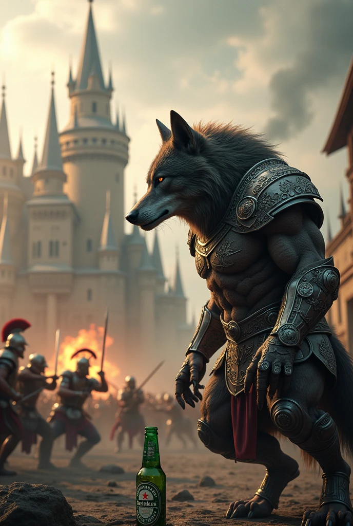 (photorealism:1.2), fondo elegant castillo, Werewolf, heineken , elegant , armor , furious, war background, killing a Spartan