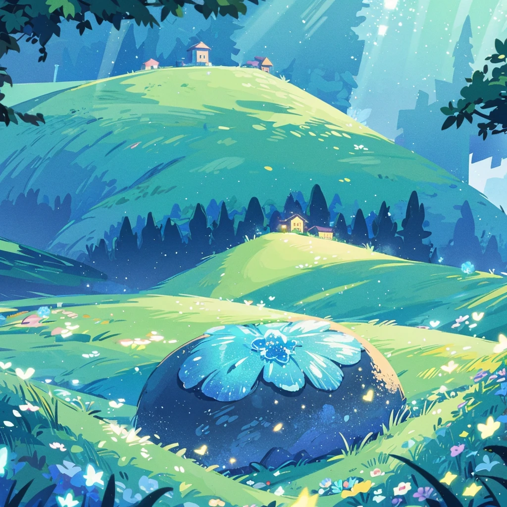 anime inspired greenery landscape alps with bright blue glass like sky shining twinkling sparkling effect(bokeh effect) 