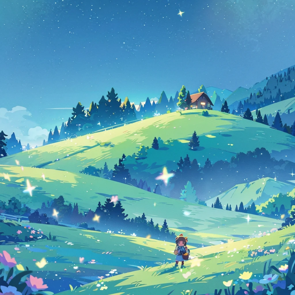 anime inspired greenery landscape alps with bright blue glass like sky shining twinkling sparkling effect(bokeh effect) 