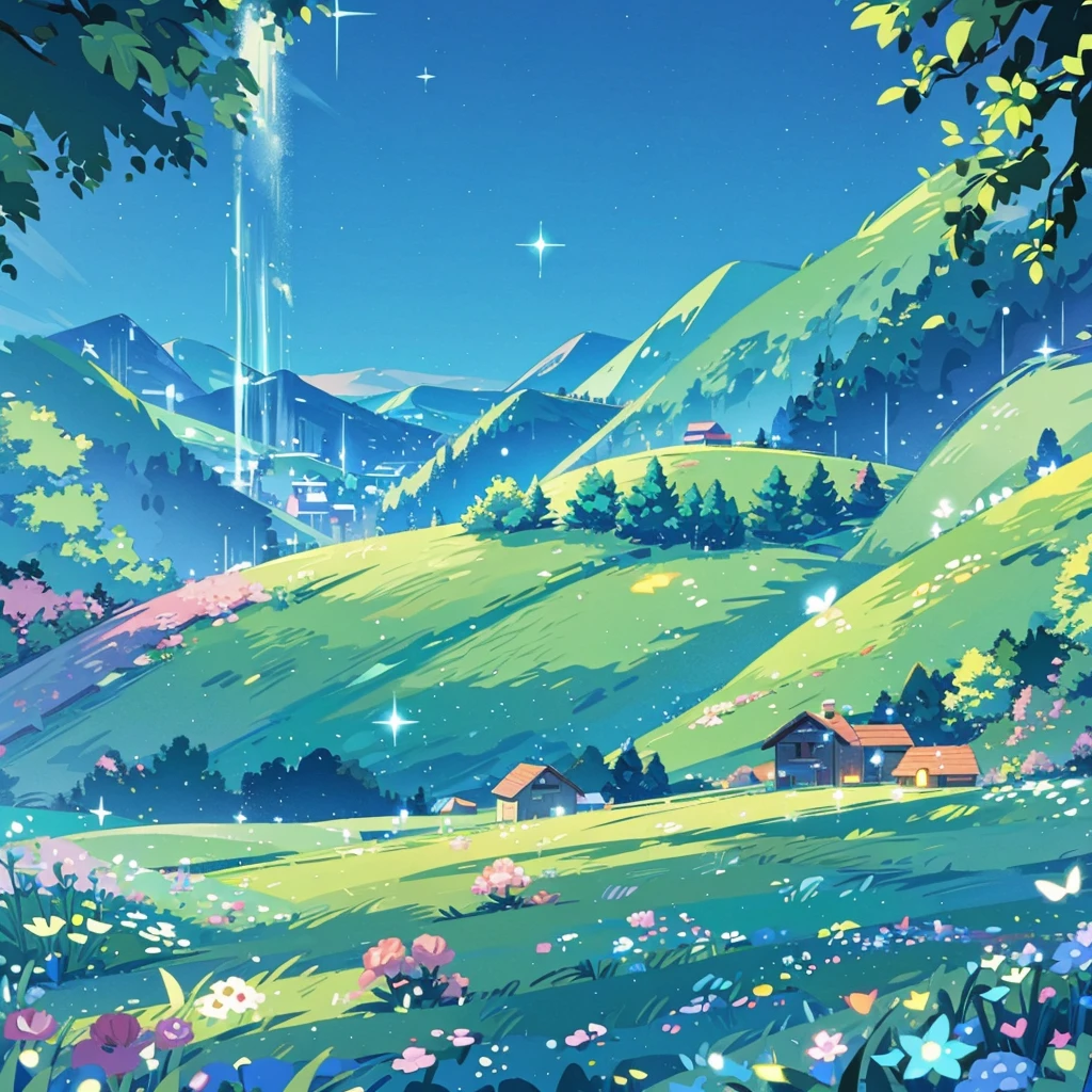 anime inspired greenery landscape alps with bright blue glass like sky shining twinkling sparkling effect(bokeh effect) 