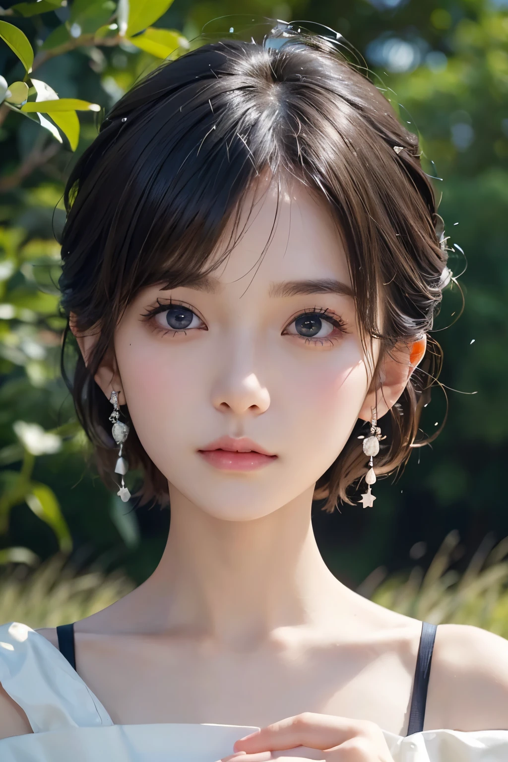１４age、short hair、grassland、Image from chest up:1.6)、Close-up portrait of a woman wearing a white off-the-shoulder dress and earrings, Soft Portrait Shot 8k, Nice delicate face, High-quality 4K portraits, High-quality portraits, Soft and perfect white skin, 8k highly detailed face, Beautiful delicate face, Beautiful light big eyes, 美しい and realistic face,