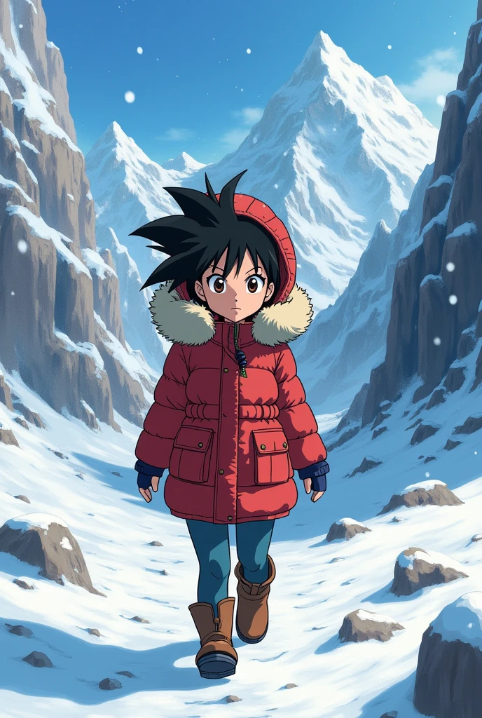 Pan (dragonball gt), fur-trimmed parka, hood up, snow, winter, mountains, Akira Toriyama art style, dragonball gt, retro, 90's anime, girl, young, Pan,