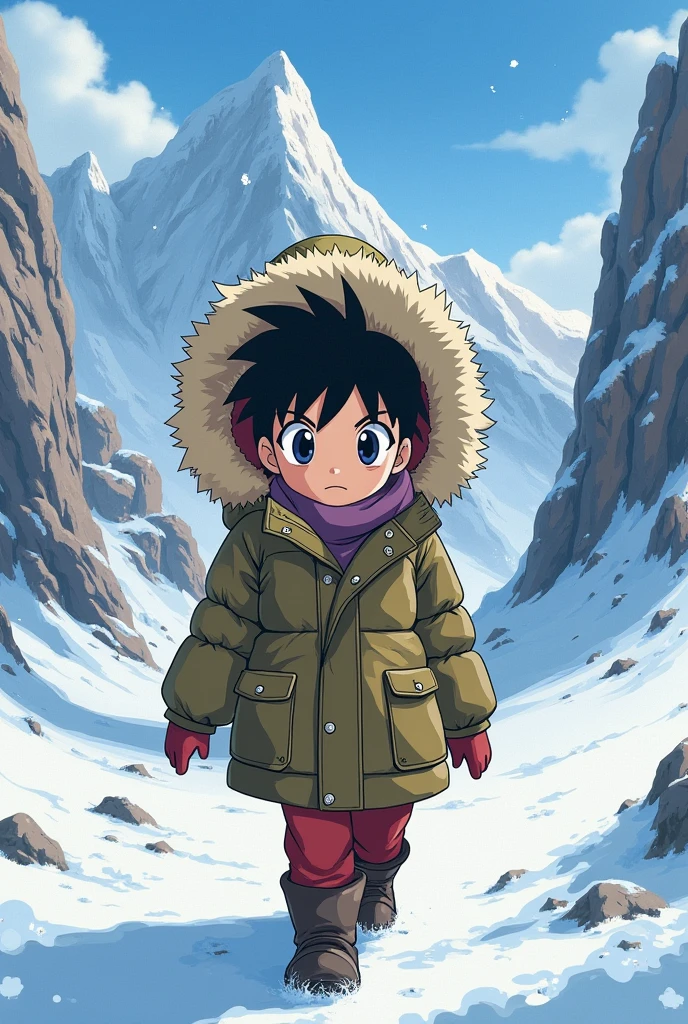 Pan (dragonball gt), fur-trimmed parka, hood up, snow, winter, mountains, Akira Toriyama art style, dragonball gt, retro, 90's anime, girl, young, Pan,