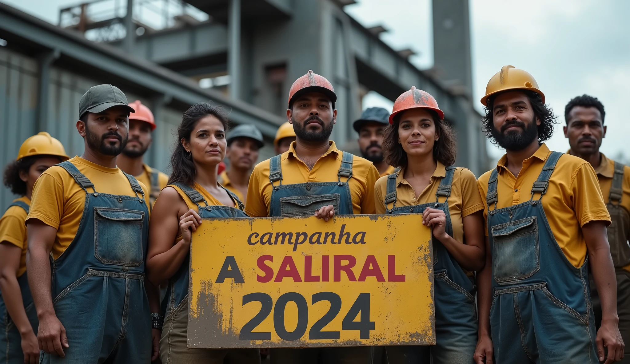 A vivid Canon DSLR photo of Brazilian metalworkers, men and women, standing with determination in front of a modern factory. Their skin and clothing are dirty, with dust and grime clearly visible on their faces and uniforms. They hold a "Campanha Salarial 2024" banner in Portuguese, symbolizing their solidarity. The high-quality image captures every detail, from the dirt on their skin to the texture of their worn clothing.