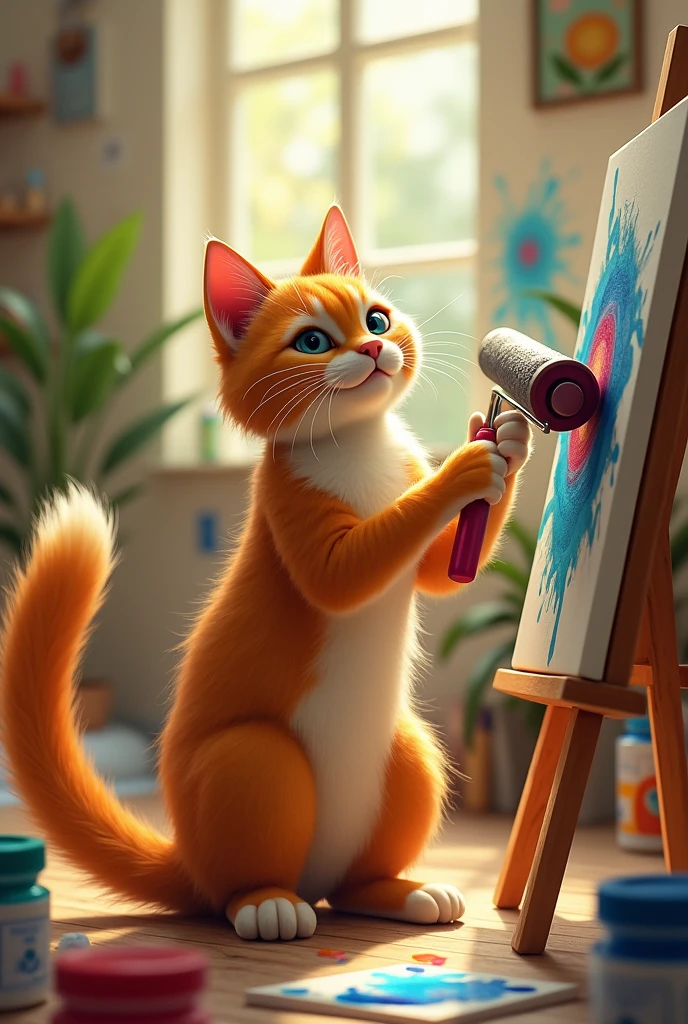 A painter cat with a brush and roller