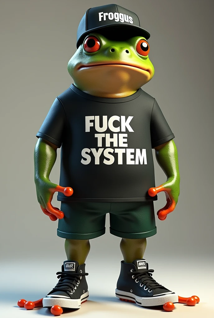 a black skinned frog, realistic 3d humanoid, expression of sarcasm, wearing a cap with 'Froggus' on it , uma T-shirt com a frase 'Fuck The System' escrita, shorts and sneakers.
He's tall like a basketball player