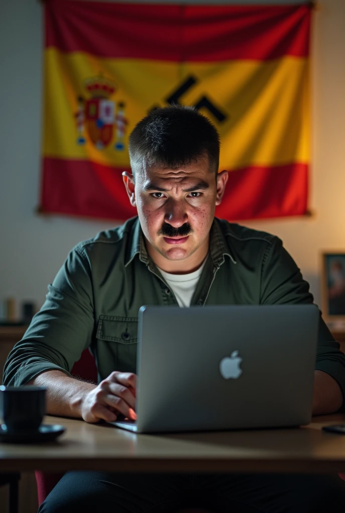 El dictador y führer alemán Adolf Hitler siendo español from Catalonia, being a 1 teenager with pimples on his face, and calling himself Arnix This one is very angry, He is a little obese, and he is sitting in his room using the Twitter application while he has the Spanish flag behind him, from Catalonia, and the 3rd Reich.