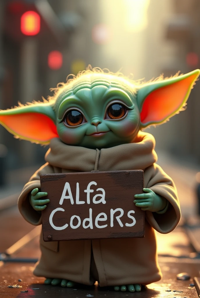 Baby Yoda, holding a sign that says "Alfa C0ders", detailed facial features, toon,  8k, high resolution, best quality, masterpiece, ultra-detailed, cinematic lighting, dramatic pose, powerful, dynamic, vibrant colors, digital art