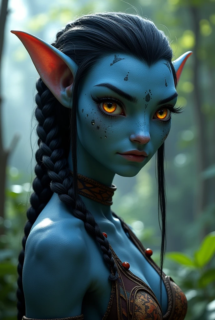 Make an Omaticaya character from the Avatar movie with the following characteristics: female sex, Facial feature: slanted and round eyes, short hair and with her braid of the link, and wears aggressive clothing, Her hair is short and straight down to her neck. You could make my face prettier but it would be obvious that it is rude., to her short hair down to her neck straight!