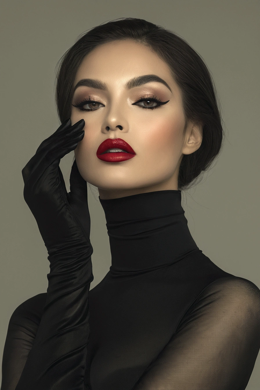 UHD ultra precise 8K digital copy of a arafed woman in black dress and red lipstick posing for a picture, sexy red lips, inspired by Hedi Xandt, thick red lips, sexy face with full makeup, mysterious glamour, red lips, portrait shot, glamour portrait, wlop glossy skin, beauty portrait, with black glossy lips, digital art of an elegant, sultry look
