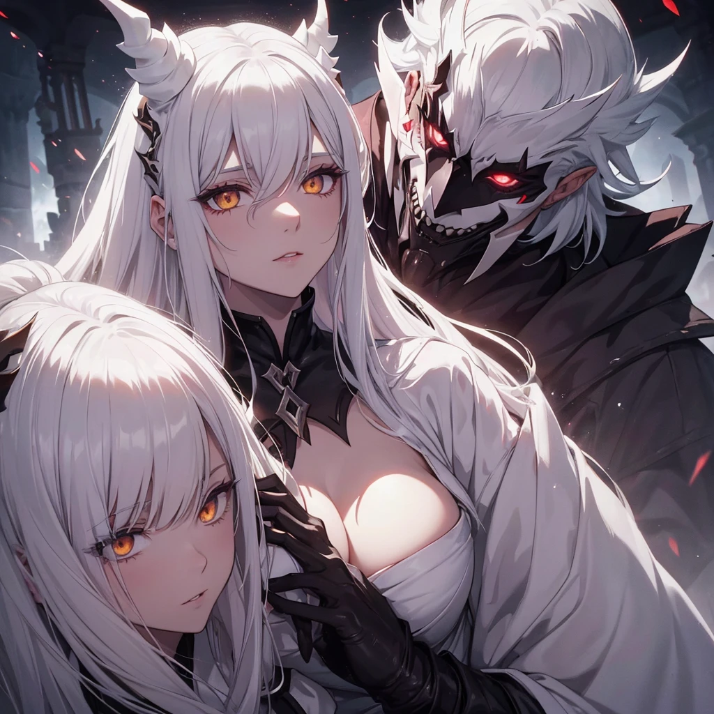 White haired demon queen, she has yellow eyes. kissing a man in a dark place full of dim light in the background several ancient castle ruins in the sky red colors, Demon Queen is on top of the male , Queen's clothes dress well placed on her body, ela ta provanco ele com seu corpo linda sext, ela abraçar ele quanto ela fica sem entender nd, muito timido.