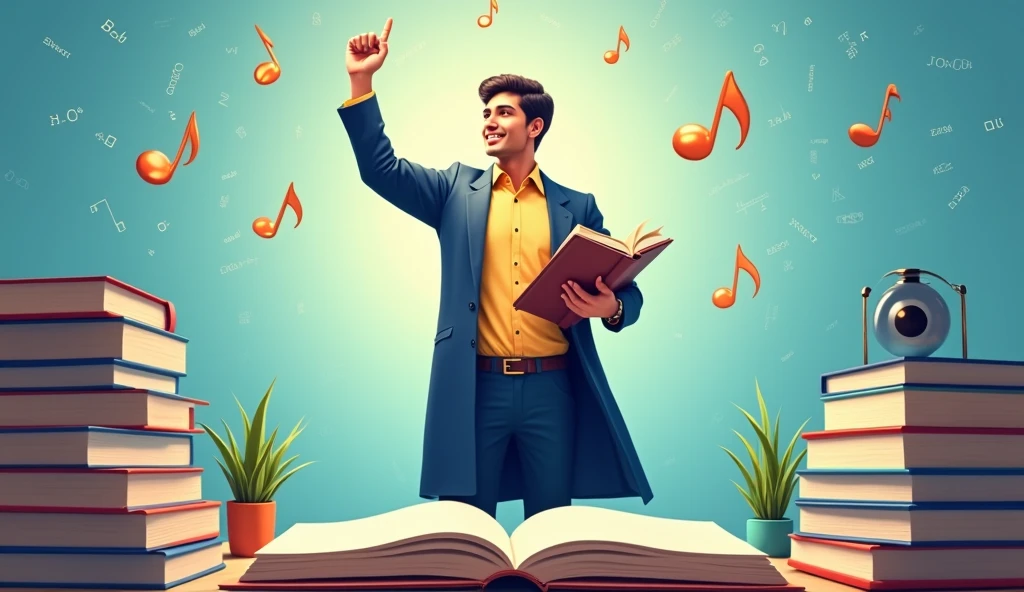 A confident student standing with a book in one hand, raising the other hand as if reaching for success.
- A background that includes elements like a study desk with open books, formulas, and a JEE logo.
- A bright, uplifting color scheme with shades of blue and yellow to evoke positivity and energy.
- A subtle musical note overlay to signify that it's a song.
