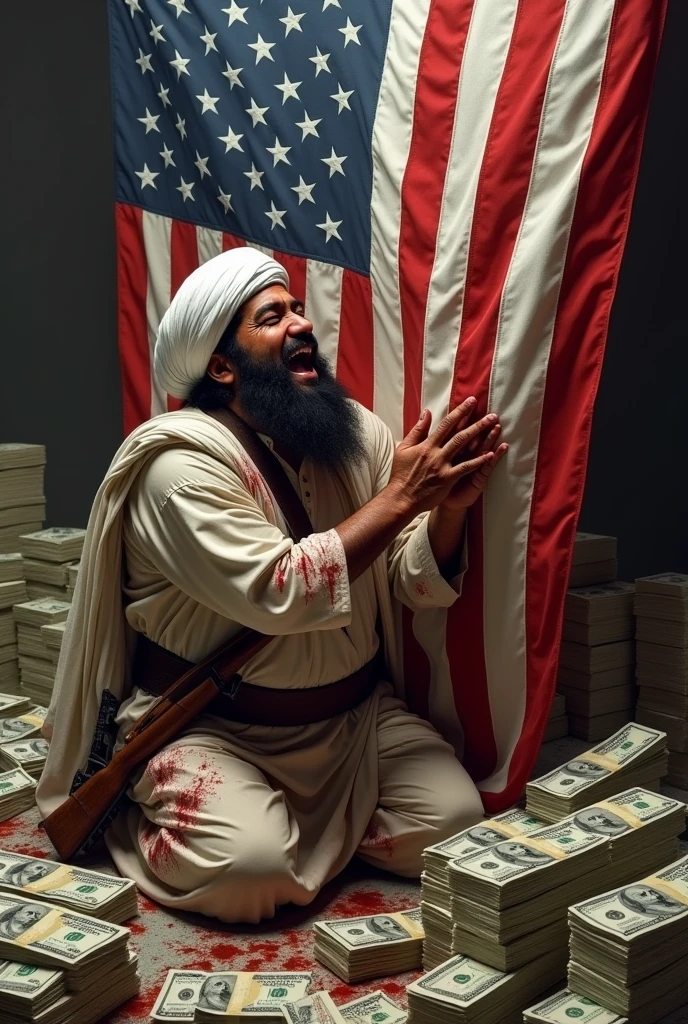 Armed,Taliban leader,laughing loudly , a lot of blood on hand and clothes, big bearded, wears USA flag, big white afghan turban; kissing and worshiping to USA flag; alot big piles of of dollars around