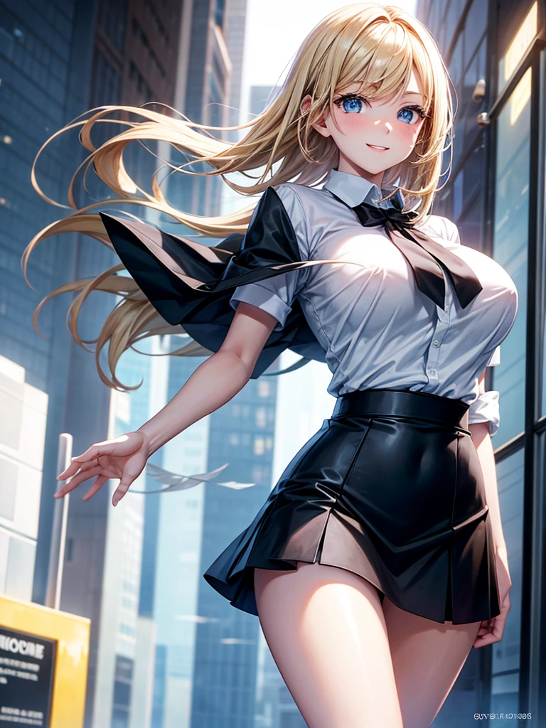 Anime style, super fine illustration, highly detailed, beautiful detailed, perfect detailed, super high quality image, static representation, gentle expression, happy expression, the pretty image, super stylish, 8k, pretty 1girl with blonde straight short hair & blue eyes & a bright smile & full bust & soft fair skin is a career woman supervisor who is very hard working not to show her skin wearing big white business shirt & summer tailored jacket & tight skirt & black pantyhose on the urban business buildings street, in the morning, solo, perfect fingers, no more fingers, no less fingers, perfect arms, no more arms, perfect legs, no more legs, no more hair, masterpiece.