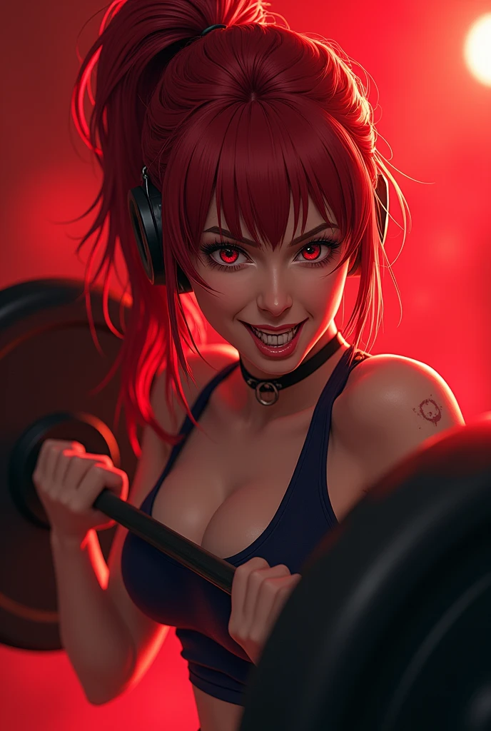 ((Best Quality)), ((masterpiece)), (detailed), 1 girl, A close-up of a cartoon of a woman lifting a barbell, an album cover inspired by Richard Pionk, pixiv, Shock Art, Phonk album cover, Phonk Music Background, ultra phoenix, Popular on Pixiv, anime cover,redhead,Wild,Red background,masterpiece, Best Quality, (Fondo de pantalla CG unity 8k extremadamente detailed), (Best Quality), (best illustration), (best shadow), absurdities, Realistic lighting, (Abyss), hermoso brillo detailed, arte de PeterMohrBacher,