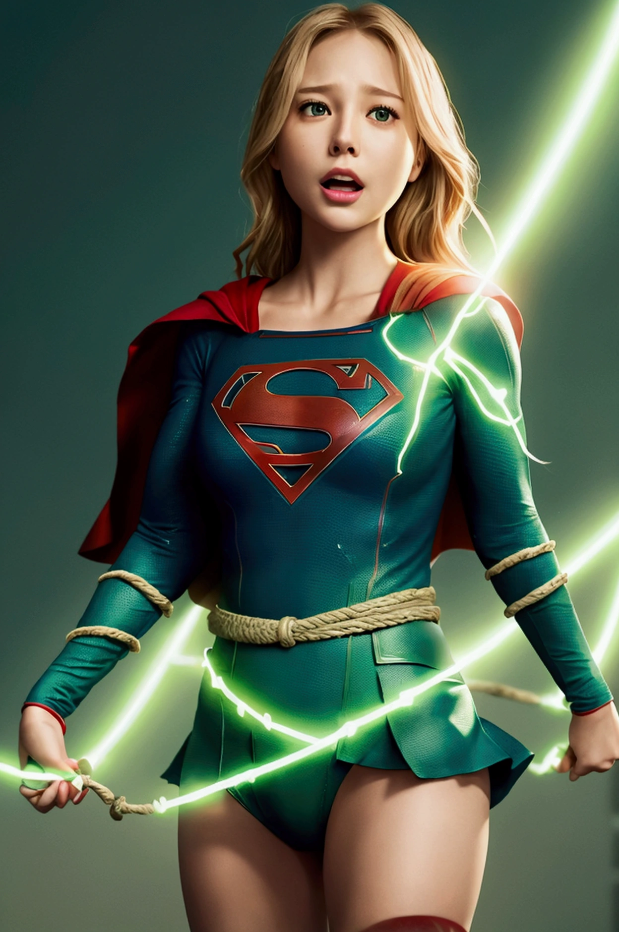 A glowing green rope wraps around Supergirl's stomach.,The rope also wraps around Supergirl's legs.,Supergirl has a pained look on her face.,Supergirl is screaming.,Supergirl is weak