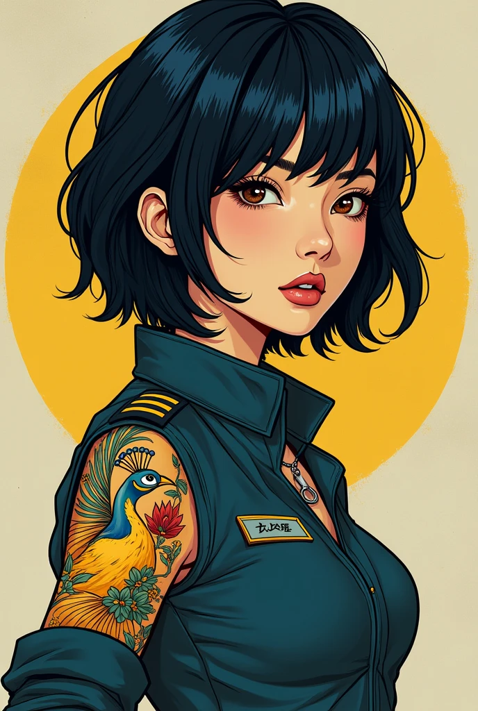 Imagine a woman of exotic beauty, Asian physiognomy but not with an Arabic touch, skin as white as porcelain, brown slanted eyes, thick eyebrows, with a look that can be both soft and intense.with a neotraditional Japanese yellow peacock tattoo,on his arm, contrasts with his pilot uniform, revealing a complex and fascinating personality.Comic short dark blue-black hair prominent nose large slightly elongated face comic type tall thin build

 
