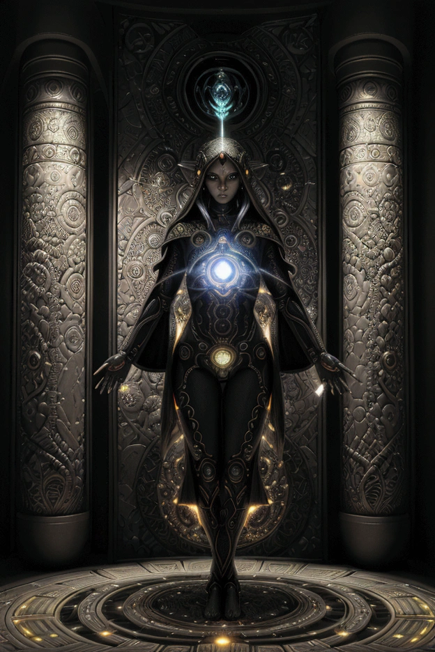 Samuel Farrand like artwork, depicting an extradimensional bionic cyborg entity, ancient geometry, intricate and detailed mandala designs, symbology, animals and other life forms in a solar or space type of feel and fused along with the lights and darks of space, complex and beautiful, deity, surreal all seeing shaman, black glowing, superimposed images of these realistic 4D physical life forms, lighting effects, higher elevation, space spirit, instinctual, velocity, sacred spirit, 3rd eye illuminating, God