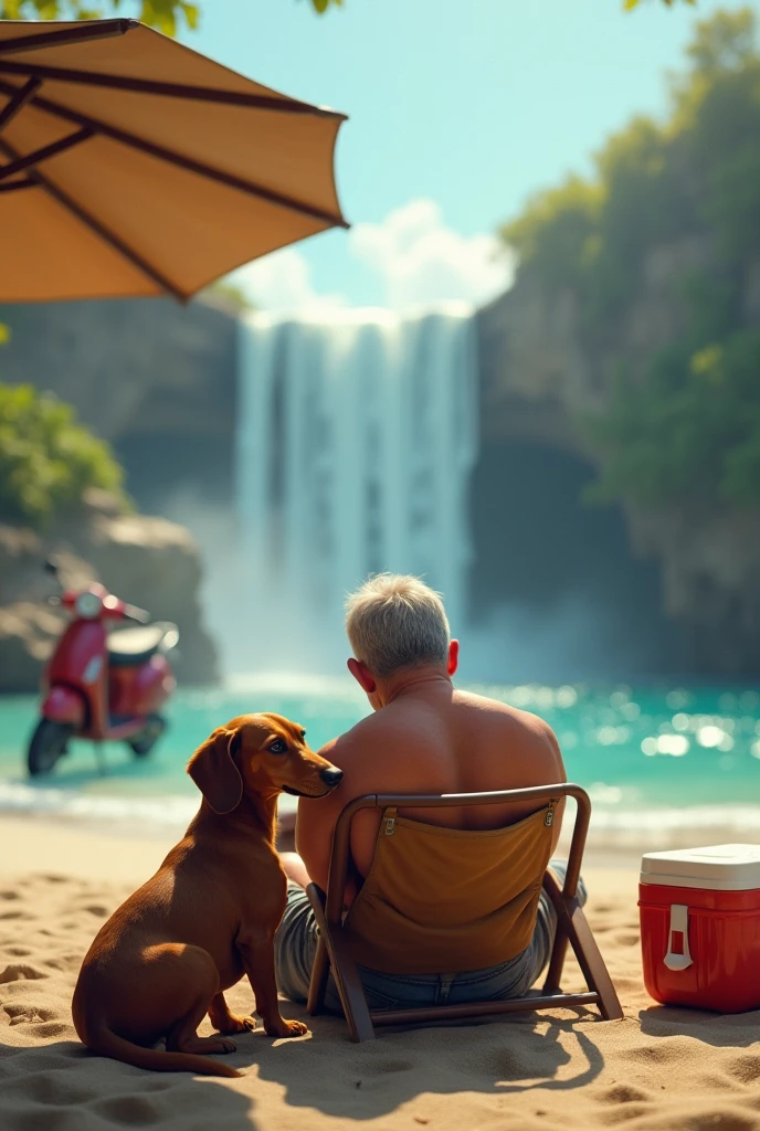 I am a stocky middle-aged man with my hand on the head of my caramel colored furry dachshund dog looking at the ground sitting on the beach chair at the waterfall looking at the horizon and with a parasol and a cooler and a red motorcycle parked next to it