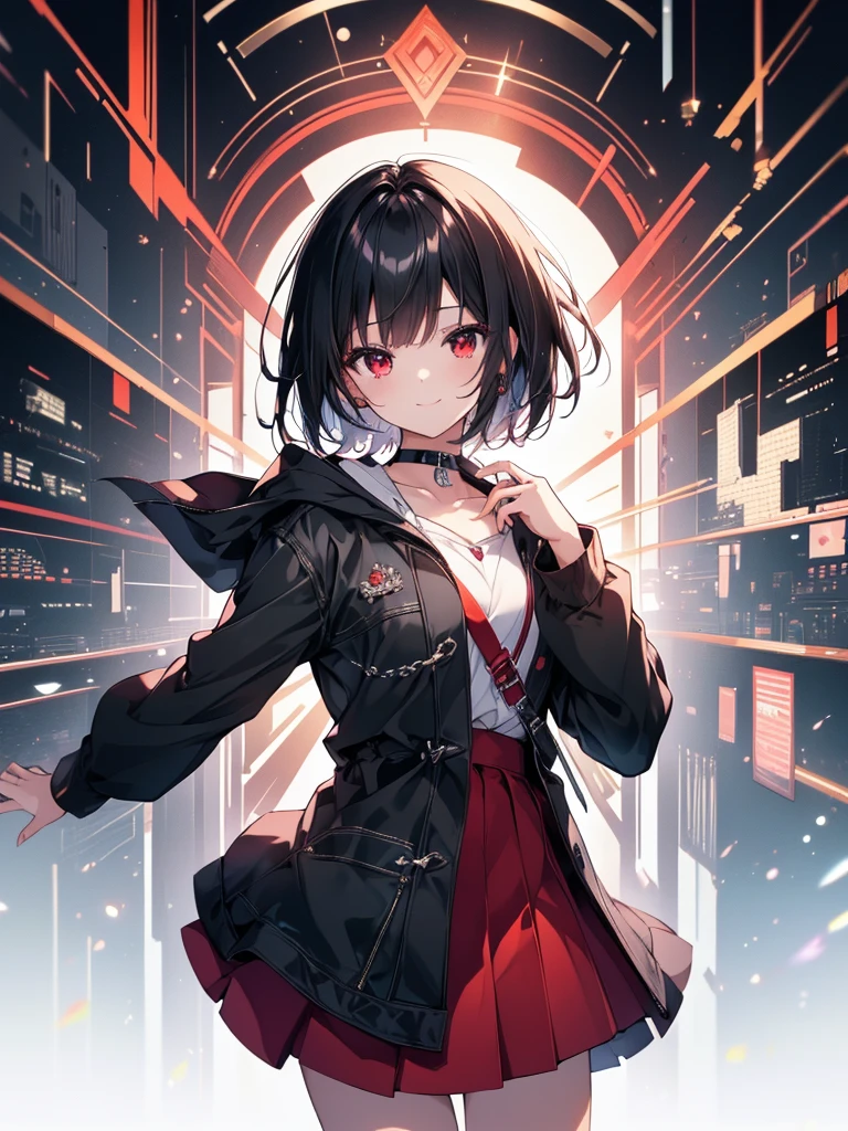 (masterpiece, highest quality, highest quality, (No text), Beautiful and aesthetic:1.2),No text,アニメ、BREAK,One Girl,Black Hair Girl adult short hair older sister choker Beautiful eyes Red eyes cool smile Black and Red skirt Black jacket whole body In town