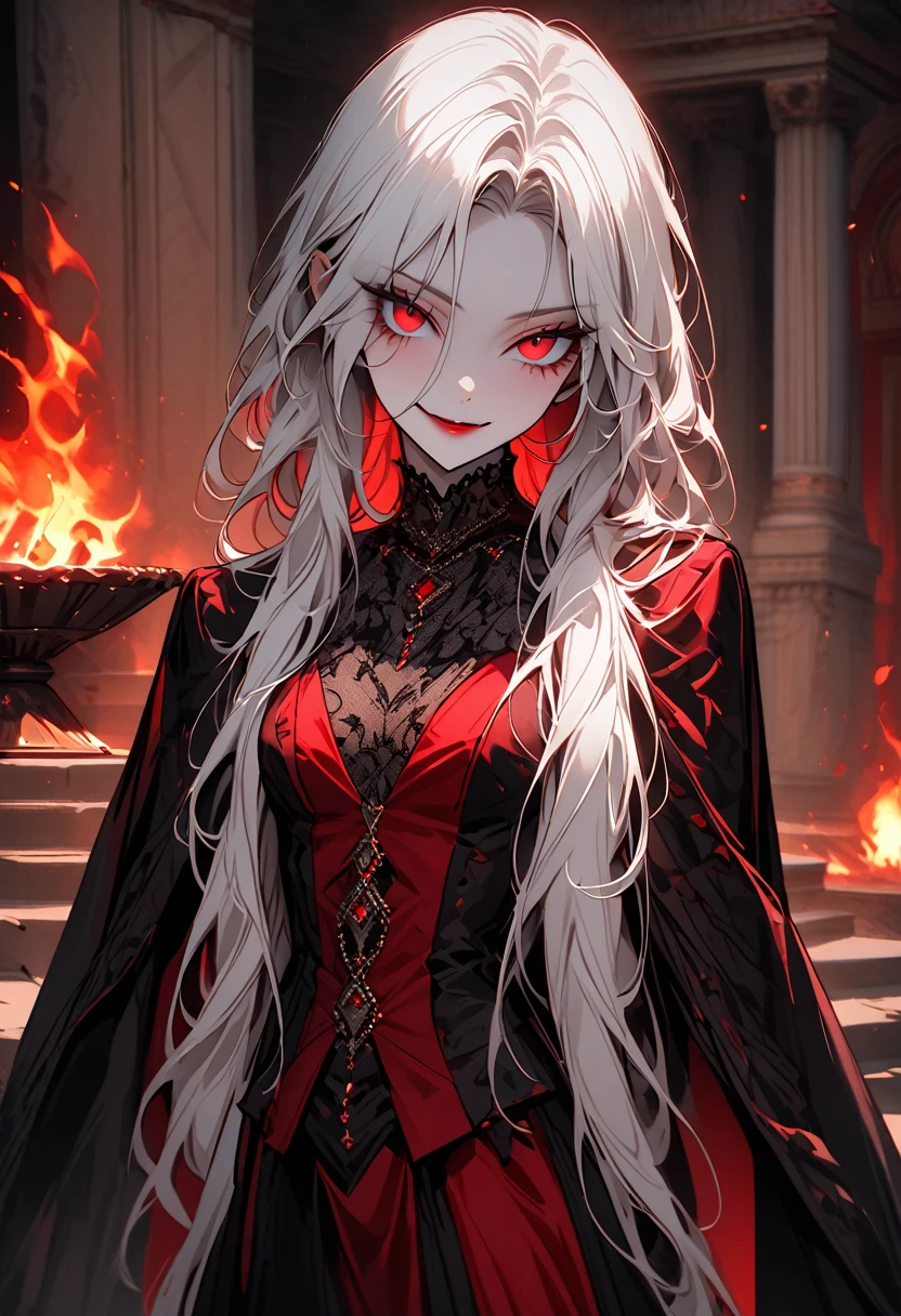 solo female, ancient vampire, ageless, skin the color of old parchment worn thin in places and thick in others, deep crimson eyes, long, silvery hair, slender yet strong, ~5'8, ~120 lbs, undead, alluring presence, difficult to ignore or resist, elegant, luxurious yet simple clothes, subtly evil smile, drapes, ancient luxurious palace, elegant fire pit, close up, decadent