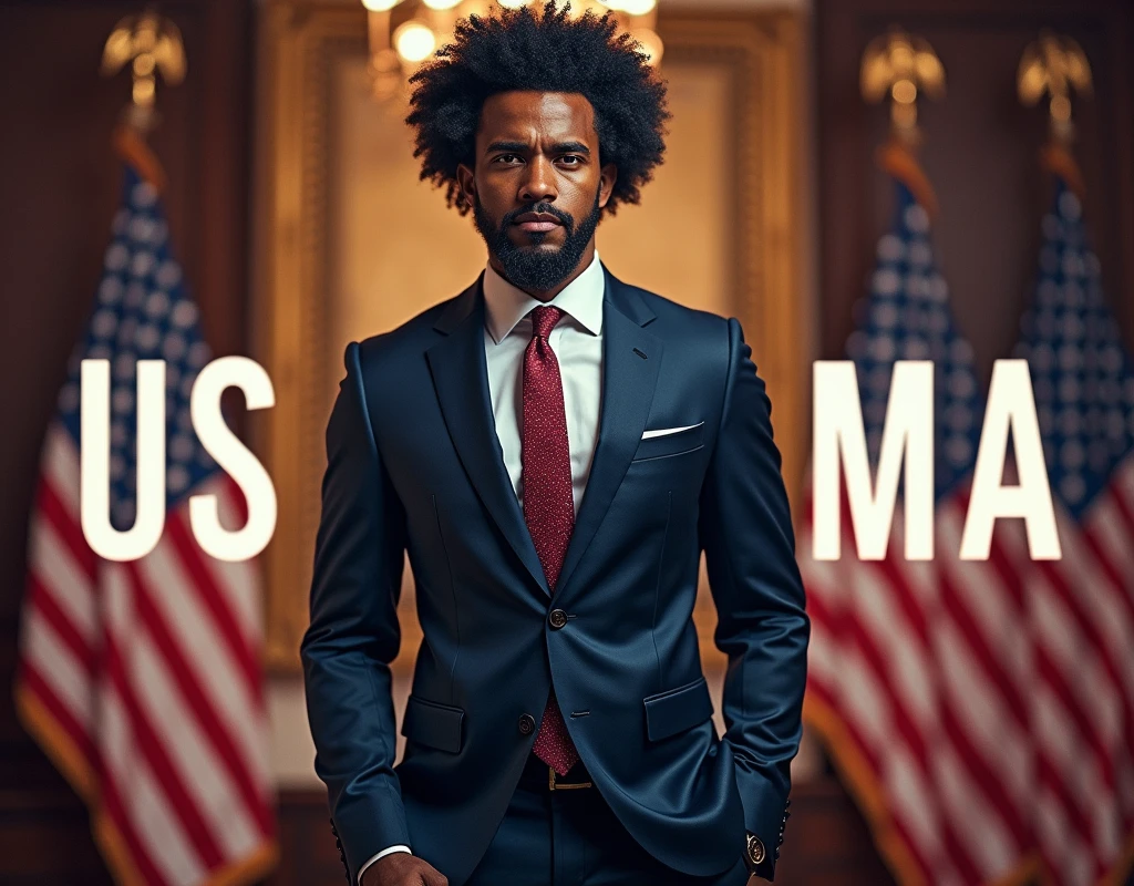 Afro male as us president with the word Us Mama written on the background