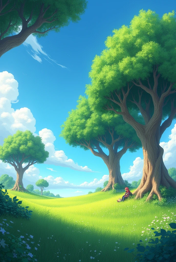 Make a blue sky image, green grass with trees with branches that reach the ground and people can sit on the branches.
