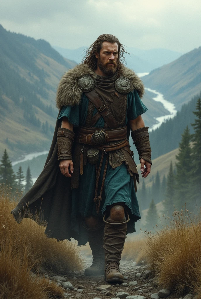 A demigod jarl.Sigurd, Now alone and dejected, wandered through unknown lands, brown hair 