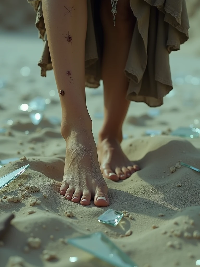 female feet walking on broken glasses and sand