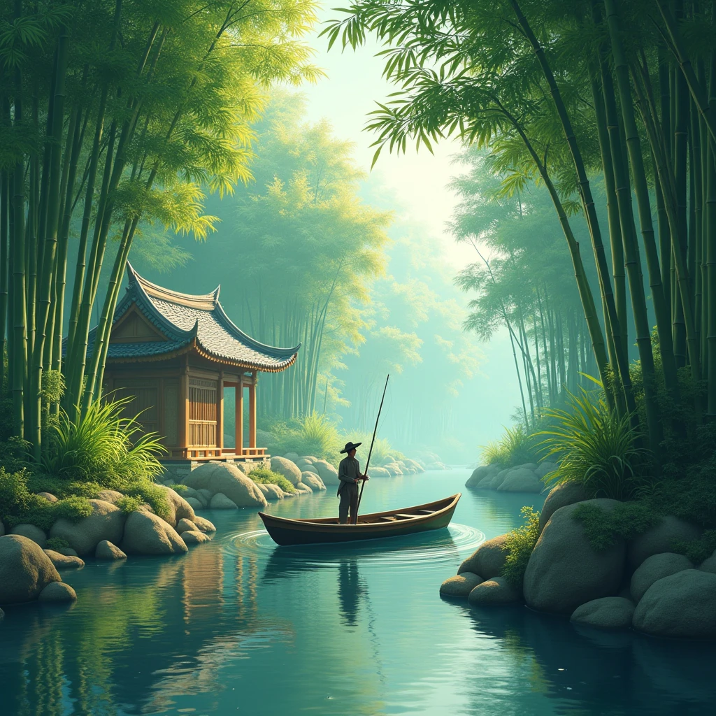 a lush bamboo grove, a quiet stream running by, a rustic bamboo hut, a fisherman in a small boat, (best qualityer,4K,8k,high resolution,work of art:1.2),ultra detali,(realisitic,photorealisitic,photo-realisitic:1.37),swirly vibrant colors,natural lighting,serene atmosphere,stunning landscape,Detailed Foliage,reflections in the water,traditional asian architecture,distressed bamboo textures,Skilled fisherman posing