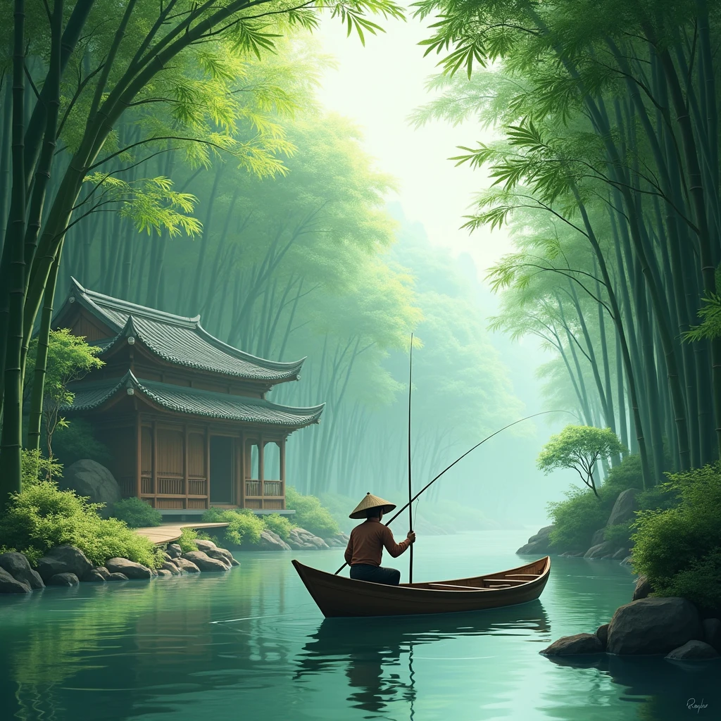 a lush bamboo grove, a quiet stream running by, a rustic bamboo hut, a fisherman in a small boat, (best qualityer,4K,8k,high resolution,work of art:1.2),ultra detali,(realisitic,photorealisitic,photo-realisitic:1.37),swirly vibrant colors,natural lighting,serene atmosphere,stunning landscape,Detailed Foliage,reflections in the water,traditional asian architecture,distressed bamboo textures,Skilled fisherman posing