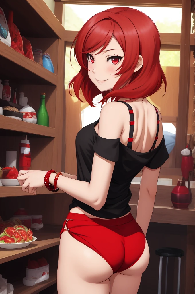 masterpiece, best quality, from behind, (bracelet:1.000), (nishikino maki), (red hair:0.987), (red eyes:0.976),(solo:0.953), off shoulder tank top, big panties , ass cheeks, standing , looking back , smile