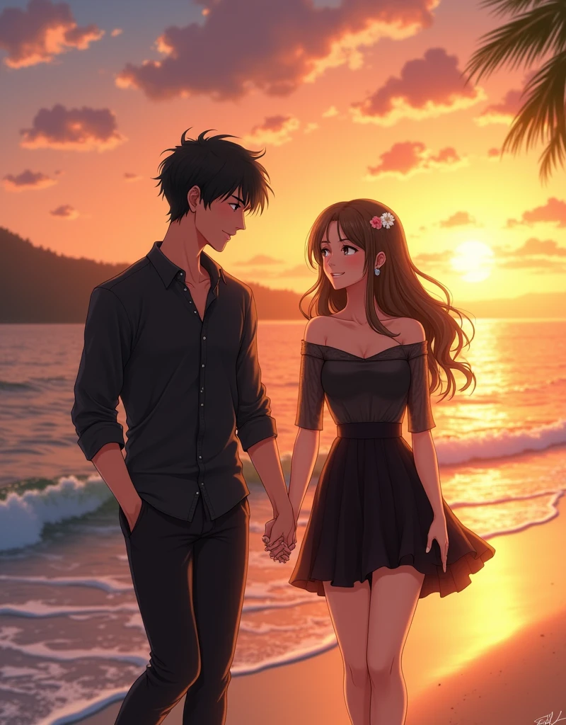 Create a anime style landscape image. Digital illustration featuring a young couple walking hand in hand along a beach during sunset. The style is anime-inspired with vibrant colors and detailed shading. The male character has short, tousled black hair, fair skin, and is wearing a black button-up shirt with the sleeves rolled up and black pants. The female character has long, wavy brown hair, fair skin, and is dressed in a black, off-shoulder top with sheer sleeves and a black high-waisted skirt. Both characters are smiling and looking at each other, creating a warm and romantic atmosphere. The background showcases a serene beach with gentle waves and a glowing sunset, casting a golden light on the scene.