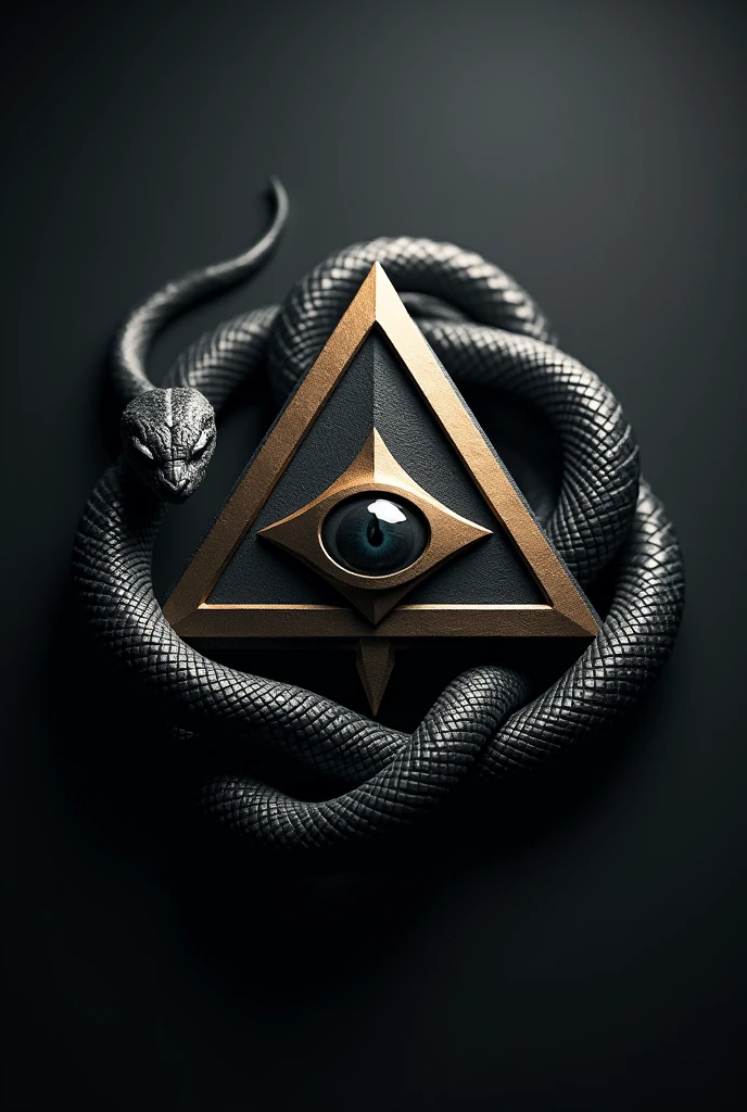 Create for me a 3D logo where there is a pyramid with an eye in its center, A snake is coiled around 
