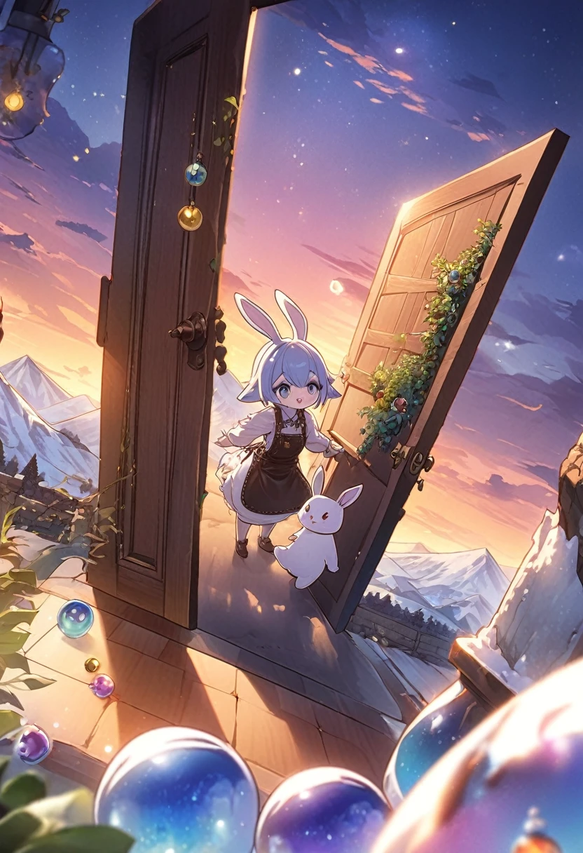 Animagine XL, anime, genshin, detailed illustration, dynamic angle, ultra-detailed, illustration, beautiful illustration, elegant illustration, bunnykin, anthropomorphic rabbit, 1girl, leather apron, baubles, alchemist, long ears, laboratory, open door, hills, irrigation, snowy mountains in background, sunset