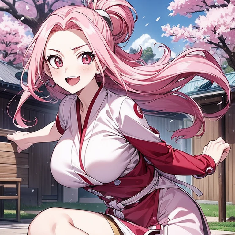 masterpiece， The best quality at the best， 1 girl， Sakura Haruno， big breasts，Karate Dogi Clothing or Karategi, smile，with pink hair， Long whitish hair， （Green eyeballs:1.4)， forehead protection， The cherry trees，cherry blossoms flying，Red clothes，karategi 