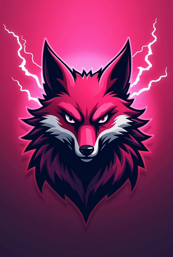 Sports logo of a room in competitive games, the color of the room is pink, and must show the mascot which is the pink fox, a little aggressive, showing the competitiveness and determination of sports games. Add lightning and elements that make the image more intimidating
