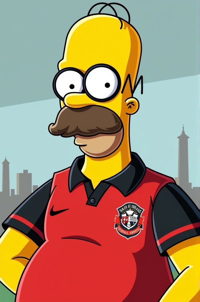 homer des simpson avec une moustache et des lunettes et le maillot rouge et noir du stade rennais en cartoon