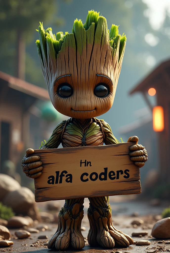 Groot, holding a sign that says "Alfa C0ders", detailed facial features, toon, 8k, high resolution, best quality, masterpiece, ultra-detailed, cinematic lighting, dramatic pose, powerful, dynamic, vibrant colors, digital art