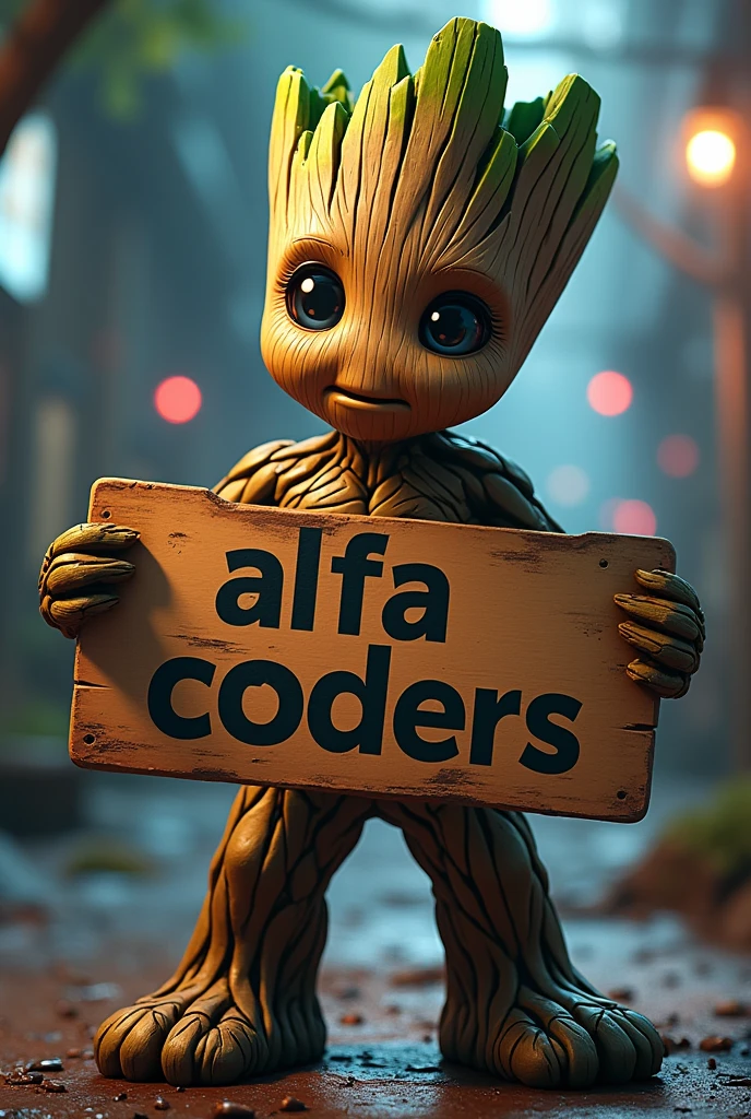 Groot, holding a sign that says "Alfa C0ders", detailed facial features, toon,  8k, high resolution, best quality, masterpiece, ultra-detailed, cinematic lighting, dramatic pose, powerful, dynamic, vibrant colors, digital art
