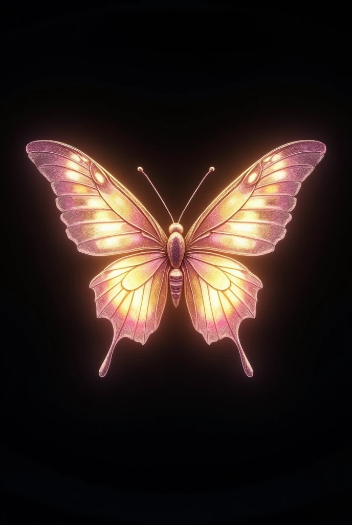 Completely black background with a butterfly in the middle of the screen, with many details, with colors in combination with pale pink and gold, iridescent and mythical art style
