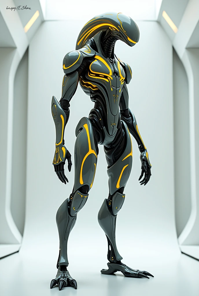 A sleek bipedal creature with cool design pattern and stripes.