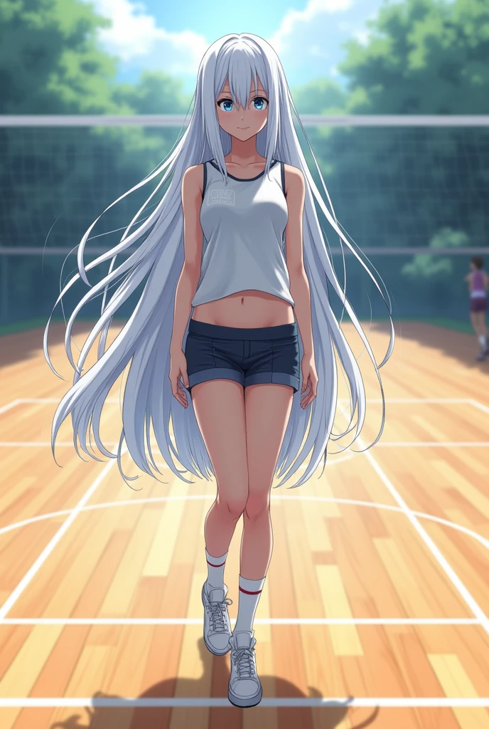A girl with blue eyes and white hair, very long straight. Haikyuu anime traits, the girl on a court. Image 4×1
